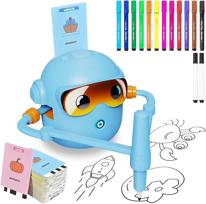 Peledic Drawing Robot Toy for Kids with 100 Word Cards & 12 Color Pens, Voice Interactive Educational Drawing Machine, Montessori Painting Toys for 3 4 5 6 7 8 Year Old Boys Girls Easter Gifts (Blue)