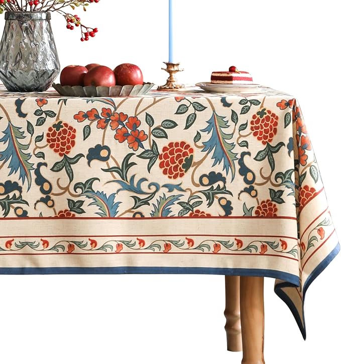 patdrea Designer Vintage Linen Tablecloth for Rectangle Table,French Soft Durable Floral Tablecloths,Colorful Table Cover for Kitchen Dining,Parties,Christmas,Thanksgiving,Party,63"x87"-Puno