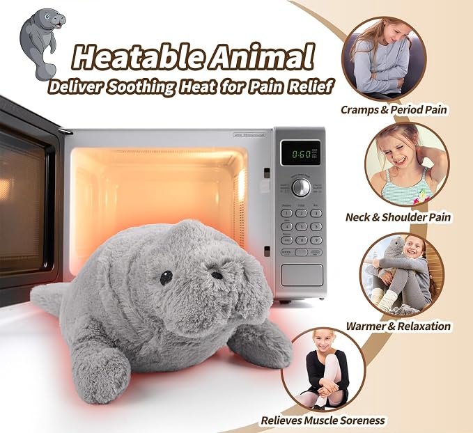 Manatee Stuffed Animals, Microwavable Stuffed Animal Adorable Fluffy Manatee Plush for Warmth Comfort, Heatable Coolable Lavender Scent Toy, Cute Soft Plushie Gift for Kids Adult & Children Boys Girls