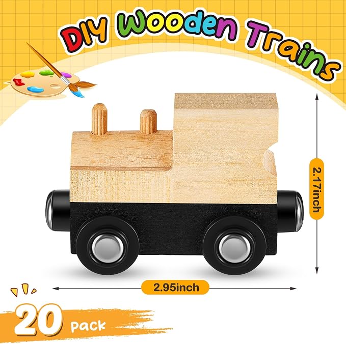 Halloscume 20 Pcs Unfinished DIY Wooden Trains Magnetic Unpainted Wooden Train Cars Toys for Railway Paint Project, Birthday Party Decorations Back to School Crafts Gifts Supplies (Classic)