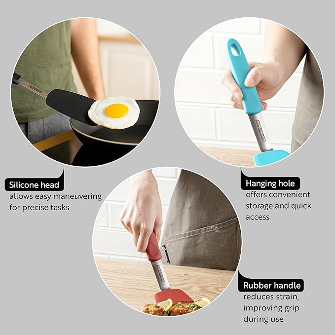 Restaurantware Comfy Grip 13.3 x 4 Inch Silicone Turner 1 Durable Cooking Turner - Stainless Steel Body Rubber Handle With Hole Red Silicone Flipper Spatula Tolerates Up To 446F Dishwashable