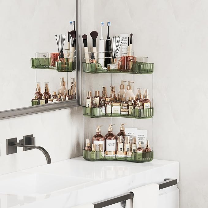 3-Tier Corner Bathroom Counter Organizer with Top Toothbrush Holders,Large Makeup Organizer Countertop with Brush Holder,Skincare Organizers Corner,Exquisite Vanity Organizer (Green, 3 Tier)
