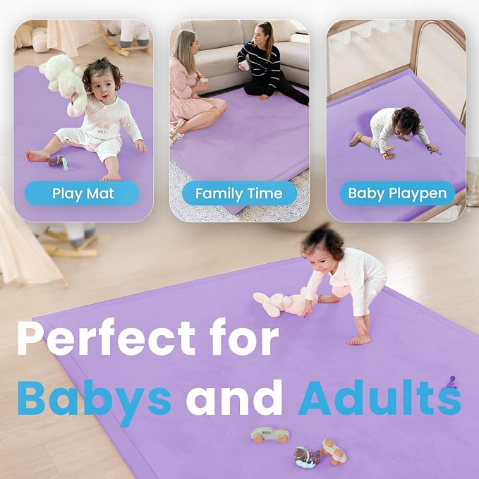 1.3" Thick Baby Play Mat for Floor, 79x79 Large Foam Tummy Time Mat, Padded Support Soft Plush Nursery Rug for Infant Kids Toddler Crawling Kick Activity (Lavender)