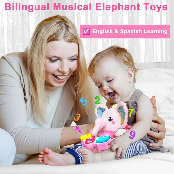 Holaxander Baby Elephant Musical Stuffed Animals Toy with Light-Up Music & Crinkle Sound Paper,Infant Bilingual Early Learning Education Toys,Tummy Time Toys for 0-3-6-12+ Months Boy Girl, Pink