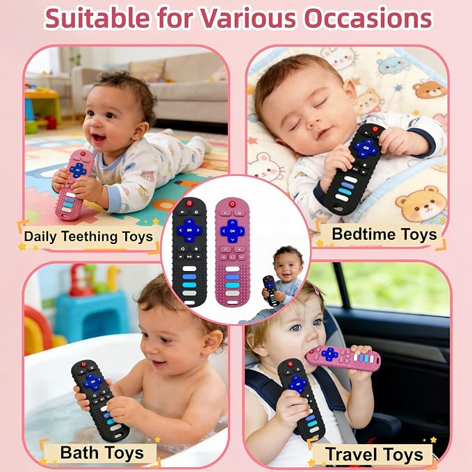 3-Pack Baby Teething Toys, BPA-Free Silicone Baby Remote Control Teething Toy for 3-18 Months, Toy Remote for Baby, Teething Relief Newborn Remote Shaped Toy (Black&Pink&Pig Black)