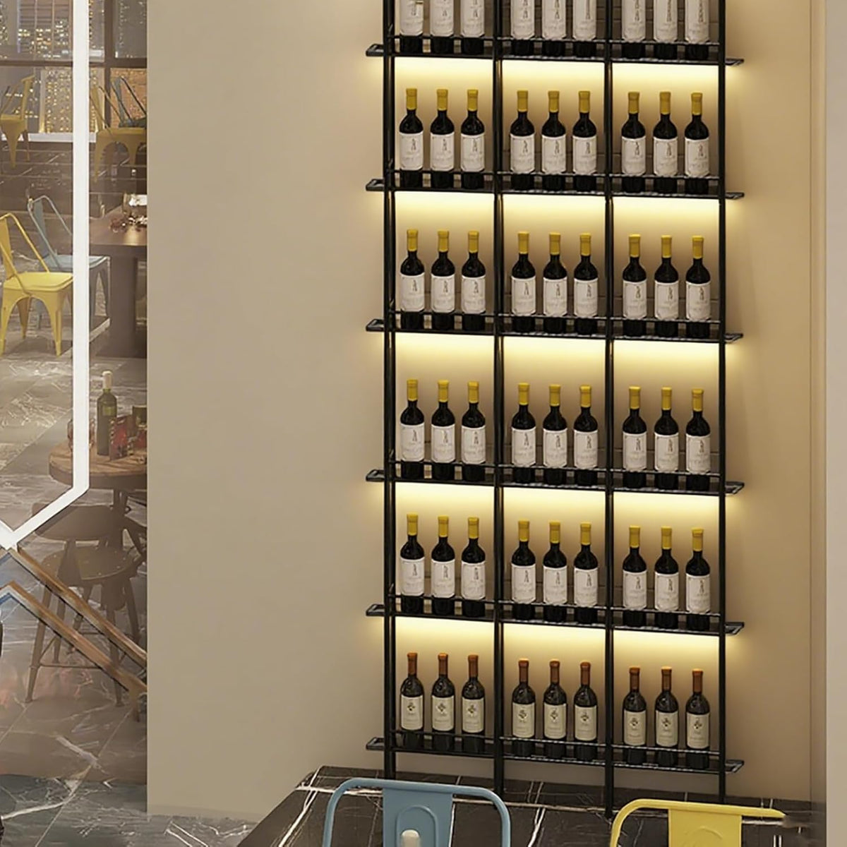Wine Racks Wall Mounted, 6-Tier Wine Storage Holder, Black Industrial Bar Liquor Bottle Display Shelf, for Home Bar, Kitchen, Dining Rooms, & Wine Cellars (Black, 5 Column)