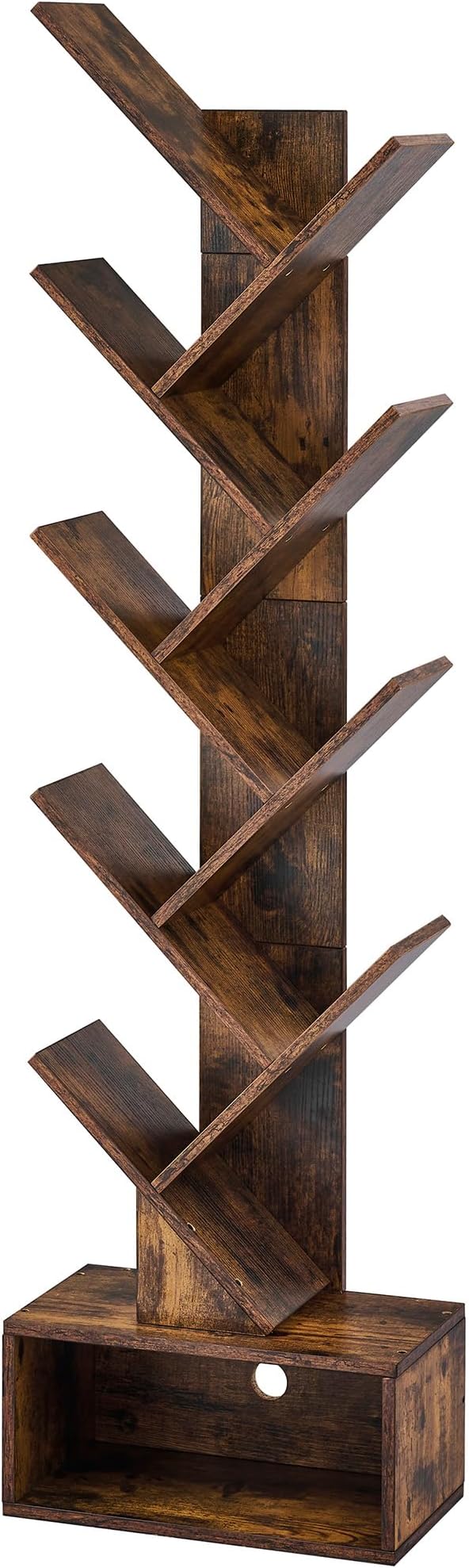 Hoctieon 9 Tier Tree Bookshelf, Tall Bookcase with Drawer, Wood Book Shelf, Modern Floor Standing Bookshelves, Book Organizer Shelves for Bedroom, Living Room, Home Office, Rustic Brown