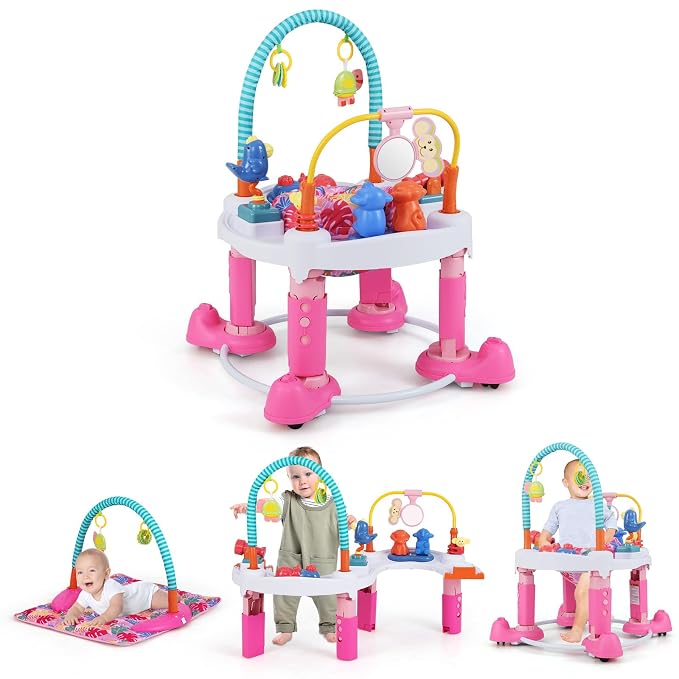 INFANS Baby Bouncer Activity Center, 5 in 1 Toddler Bouncing Activity Saucer Playtime Mat Activity Table with 360°Rotating Seat, 3 Adjustable Height, Foldable Exersaucer Learning Walker (Pink)