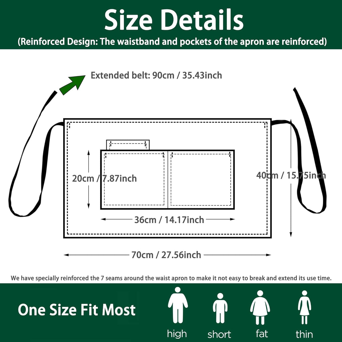 4 Pack Short Server Waitress Chef Apron, Green Waist Aprons with 3 Pockets for Women Men, Half Apron for Waiter Cooking Dishwashing Cleaning Painting Gardening Barbecue (Polycotton - Green)