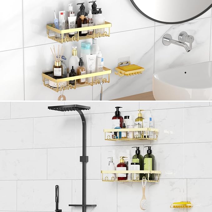Moforoco 3-Pack Shower Caddy Basket Shelf with Soap Holder, No Drilling Traceless Adhesive Shower Wall Shelves, Rustproof Gold Bathroom Shower Storage Organizer