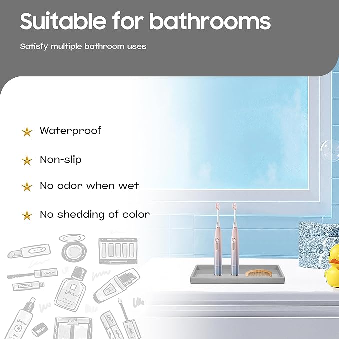 Vanity and Bathroom Tray, 6.3" ABS Countertop Organizer,Waterproof Vanity Tray for Toilet Tank,Perfume,Soap,Keys,Bathroom Accessories,Kitchen and Bath Trays,Non Slip Small Trays,Gray
