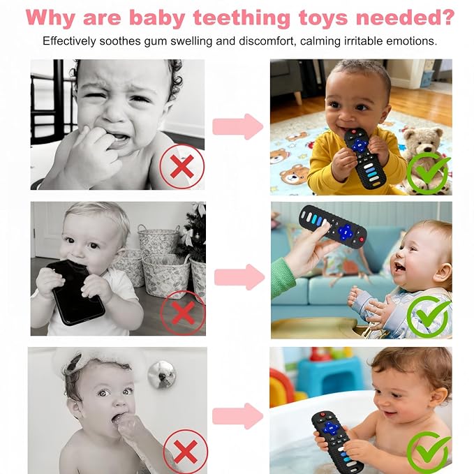 2Pcs Baby Teething Toys, BPA-Free Food Grade Silicone Baby Remote Control Teething Toy for 3-18 Months, Teething Relief Baby Toys, Teething Relief Newborn TV Remote Shaped Toy (Black&Pink)
