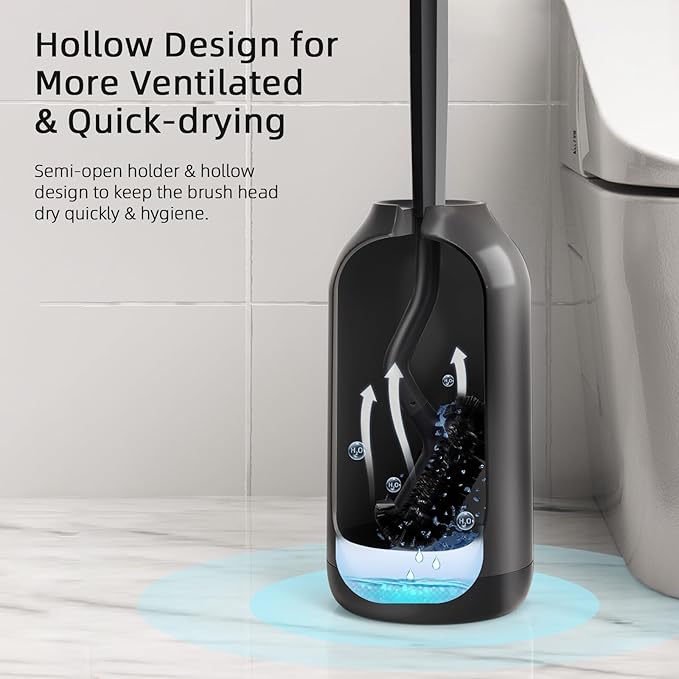 HAMITOR Toilet Bowl Brush Holder Set: Bathroom Deep Cleaning Toilet Cleaner Scrubber Under Rim with Curved Bristle for Dead Corner Clean - Hidden Rv Toilet Decorative Accessories with Caddy- Black
