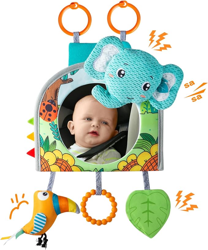 Lynncare Car Seat Toy, Baby Car Mirror for Rear Facing, Travel Baby Activity Center with Hanging Engaging Toys for Infants Babies 0-6-12-18 Months Boy Girl