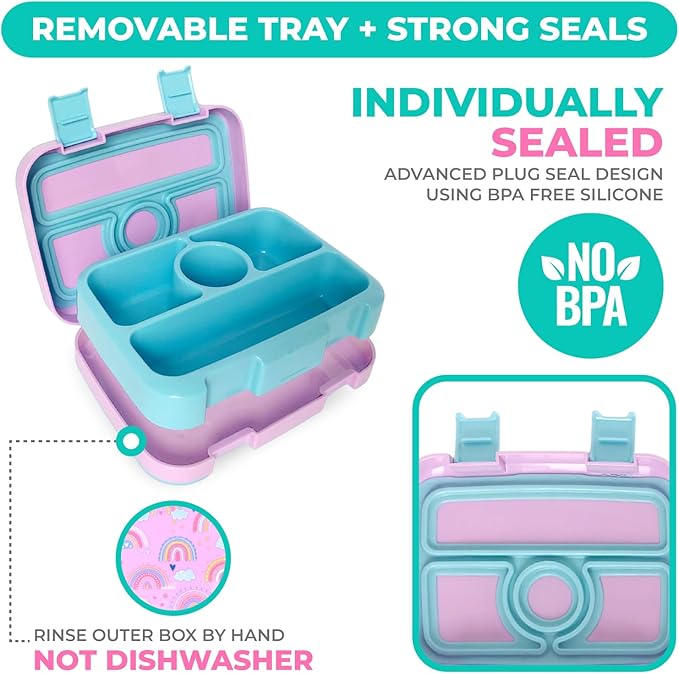 kinsho Kids Bento Lunch Box, Reusable Meal and Snack Container, Lunch Boxes For Small Girls & Toddlers Lunches, 4 Compartment - School, Daycare, Drop-Proof BPA Free, Purple Rainbow