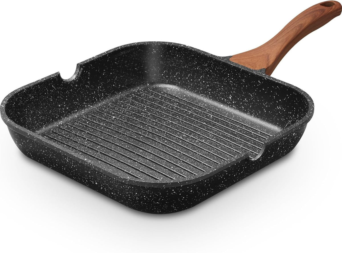 ESLITE LIFE 9.5 Inch Nonstick Grill Pan for Indoor Cooking, Versatile Induction Square Large Grilling Skillet Steak Pan for Stove Tops, PTFE & PFOA Free, Black