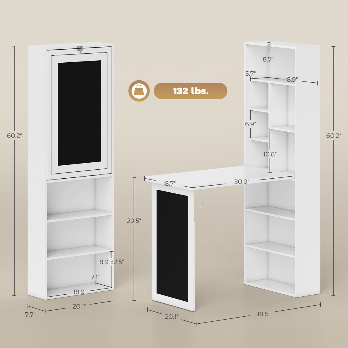 Fold-out Convertible Office Desk, Wall Mount Computer Desk with Blackboard and Side Shelf, White