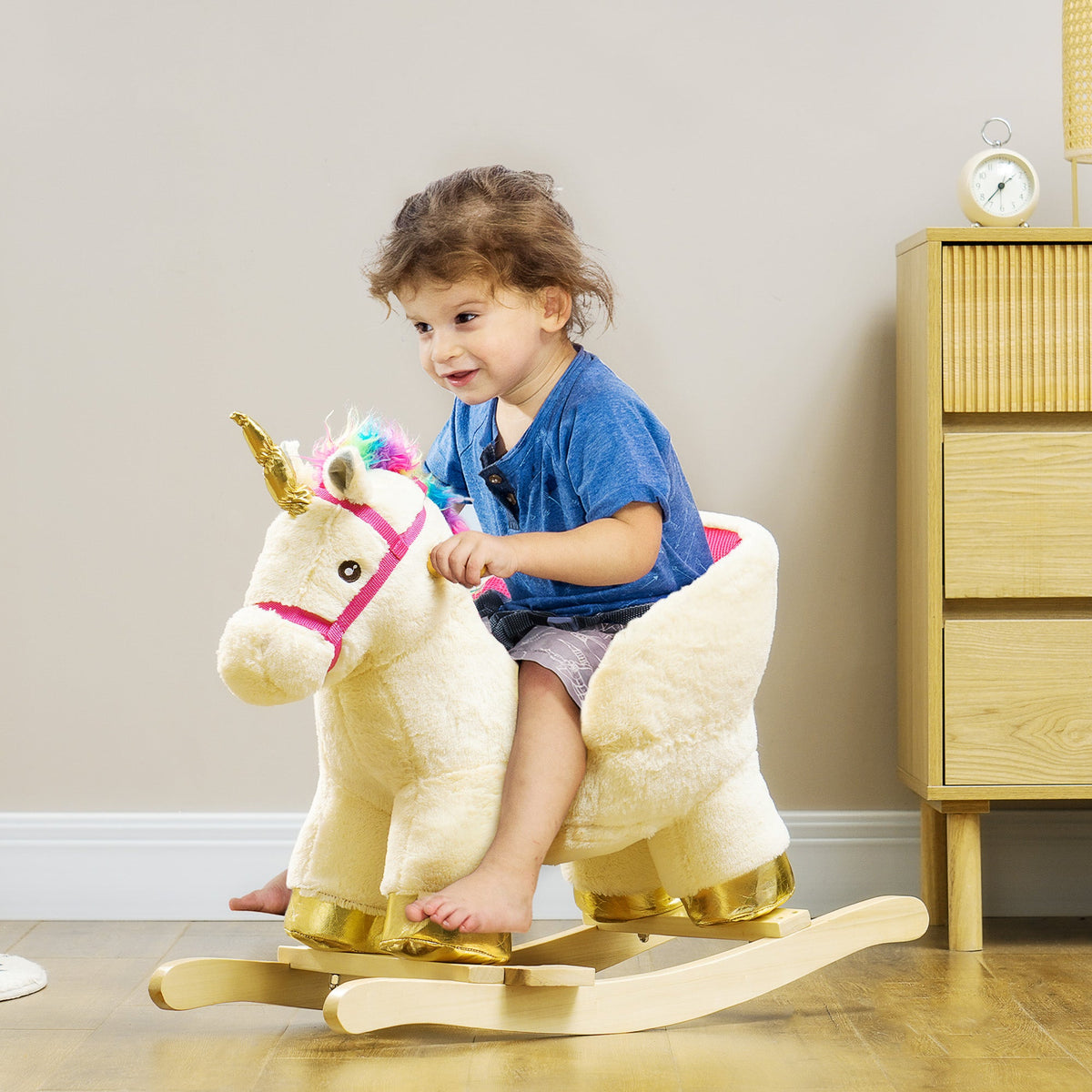 Kids Rocking Horse, Unicorn with Realistic Sound, Safety Belt & Wooden Base for 18-36 Months