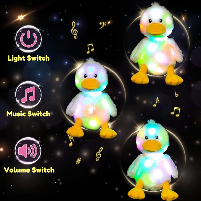 Hopearl LED Musical Stuffed Duck Light up Singing Duckling Plush Toy Adjustable Volume Lullaby Animated Soothe Birthday Gifts for Kids Toddler Girls, White, 11''