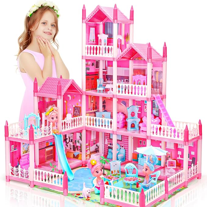 AmiDear Dollhouse with 4-Story 11 Rooms, Dream Gift Princess Doll House Playset with Furniture Pool Slide, Pink Toddler Toy House for 3 4 5 6 7 8 9 10 Year Old Girls