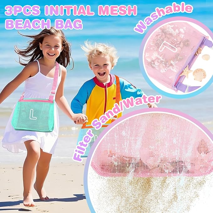 3Pcs Personalized Kids Beach Shell Bag, Initial Seashell Mesh Zipper Beach Pouch, Shell Collecting Bag for Holding Shells with Adjustable Straps, Sand Toys Swim Pouch Gift for Girl Boy Teens(Letter L)