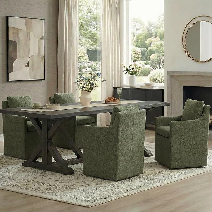 Upholstered Dining Chairs with Casters, No Assembly Modern Accent Armchair with Rollers for Dining Room, Bedroom, Living Room, Reading Room, Already Assembled, Green, 4 Box