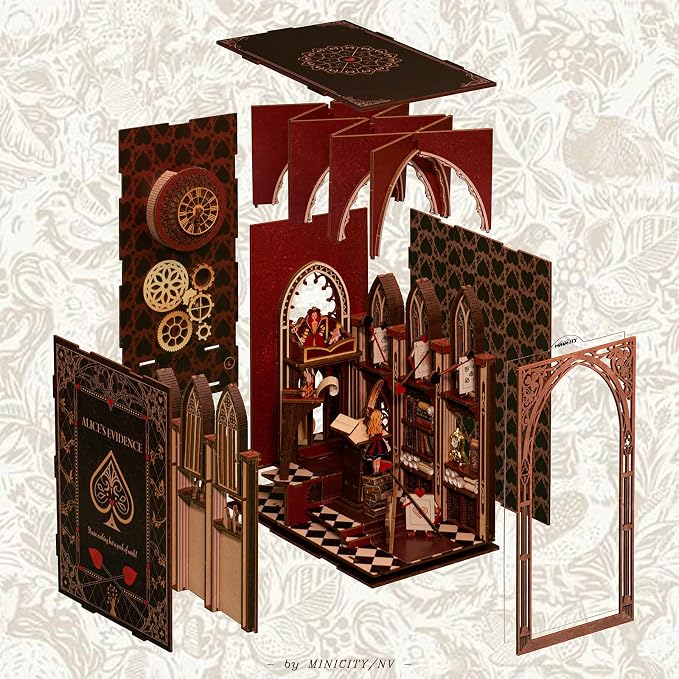 𝗠𝗶𝗻𝗶𝗖𝗶𝘁𝘆 Book Nook Kit, DIY Miniature Dollhouse Booknook Kit, 3D Wooden Puzzle Bookend Bookshelf Insert Decor with LED Light for Teens and Adults (Alice in Wonderland)