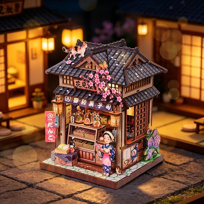 DIY Miniature Dollhouse Kit, Japanese Wagashi Shop 3D Wooden Puzzle with LED Light, Cherry Blossoms & Furniture, Cozy Home Decor, Relaxing Craft Hobby for Adults,Hanamiya