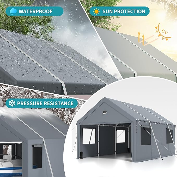 Heavy Duty Carport Canopy 10x20FT,Extra Large Portable Car Tent Garage with Roll-up Windows and All-Season Tarp Cover,Removable Roof&Side Wall for Car,SUV,Boats&Truck Shelter Logic Storage