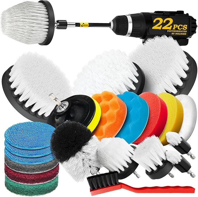 Holikme 22Pack Drill Brush Attachments Set, Scrub Pads & Sponge, Buffing Pads, Power Scrubber Brush, Car Polishing Pad Kit,Wax Applicator Pad,Car Cleaning Kit,Cleaning Supplies,Masonry Brushes,White