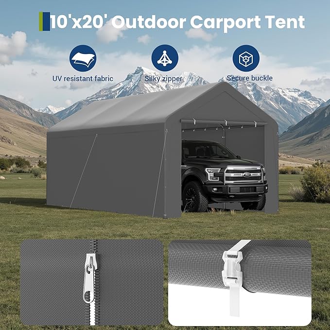 GOJOOASIS 10x20 Carport Heavy Duty Portable Garage Shelter Metal Car Canopy Tent with UV-Resistant & Weatherproof Top Cover for RV & Vehicles (Gray, 10x20 with sidewalls)