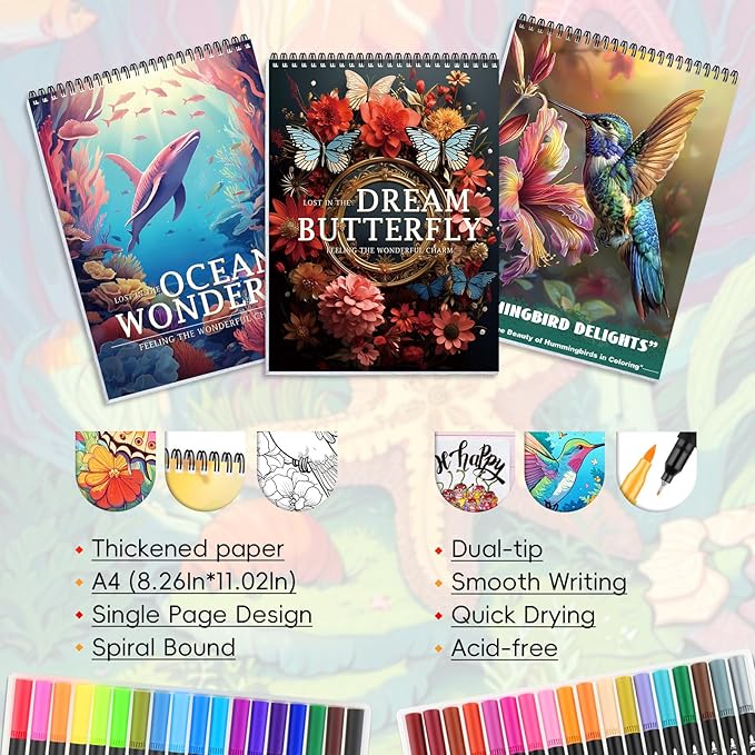 3Pcs Adult Coloring Book for Women Relaxation, 36 Colors Markers with Spiral Bound Adult Coloring Book for Women, 36 Dual Tip Colors Markers, Anxiety Relief Mindfulness Gifts(Ocean & Bird & Butterfly)