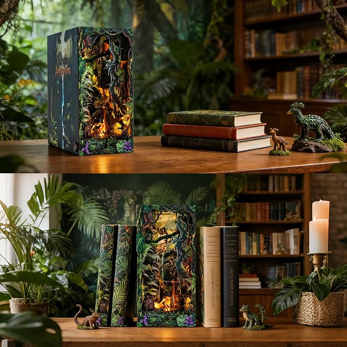 fifijoy Jungle Adventure Book Nook Kit - DIY Miniature Dollhouse Booknook for Adults, 3D Wooden Puzzle Bookend Bookshelf Decor with LED Light and Sound Effects, Creative Gift for Family, Friends
