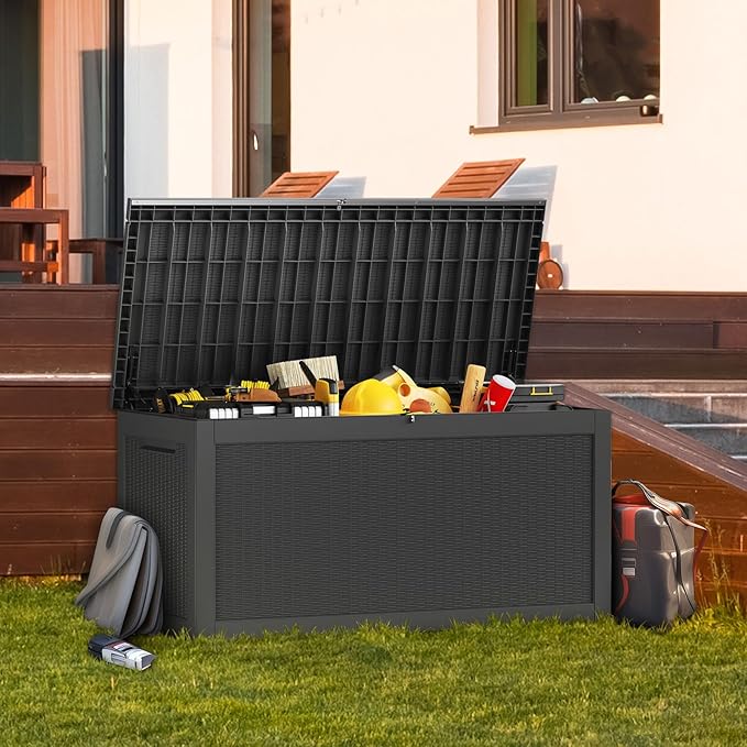 Outdoor Storage Deck Box Waterproof, 320 Gallon Large Lockable Patio Storage Bin Chest, Resin Outside Container Seat Bench for Furniture Cushions, Pool Accessories, Garden Tools & Delivery, Black