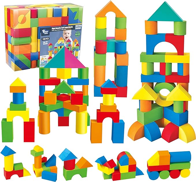 Foam Blocks for Toddlers, 138 Pieces EVA Soft Stacking Building Blocks Toy Set, Early Learning Construction Toys & Gifts for Kids, Boys & Girls 18+ Months 1-3 Years