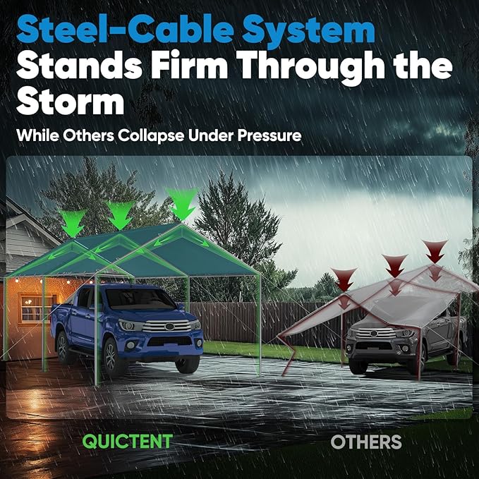 Quictent 10x15 ft Heavy Duty Car Canopy Galvanized Frame Carport Outdoor Party Tent Boat Shelter with 3 Reinforced Steel Cables - Green