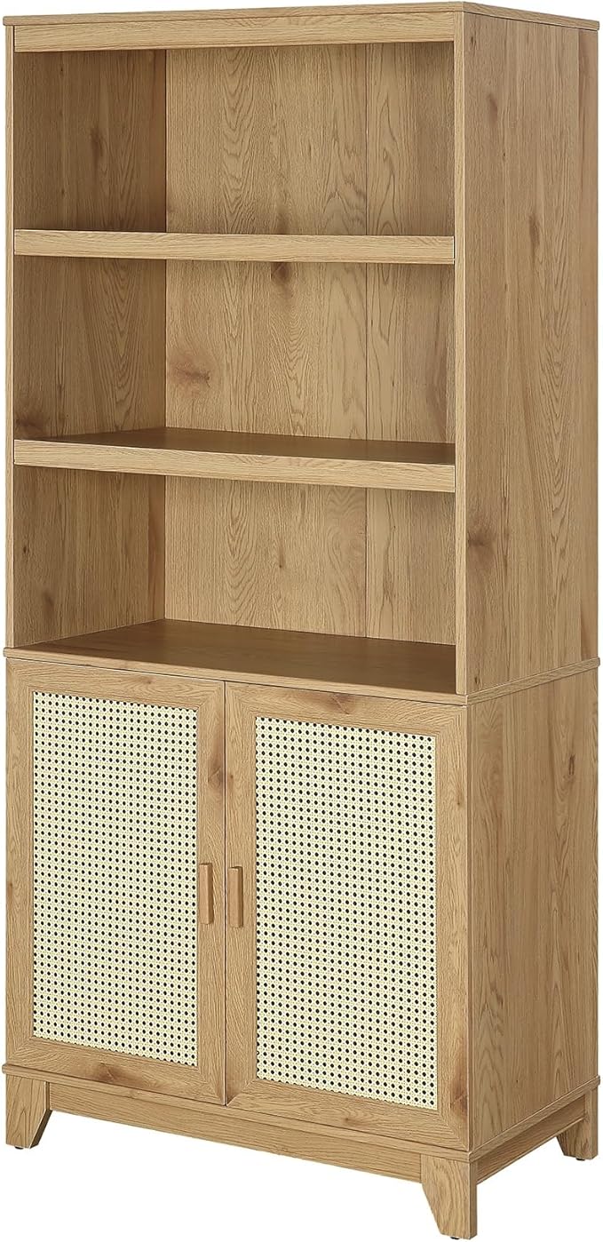 Manhattan Comfort Sheridan Modern Cane Bookcase with Adjustable Open Shelves, Soft Close Doors, and Concealed Compartments, Versatile 3 Tier Bookshelf Storage for Home and Office, Set of 2, Nature