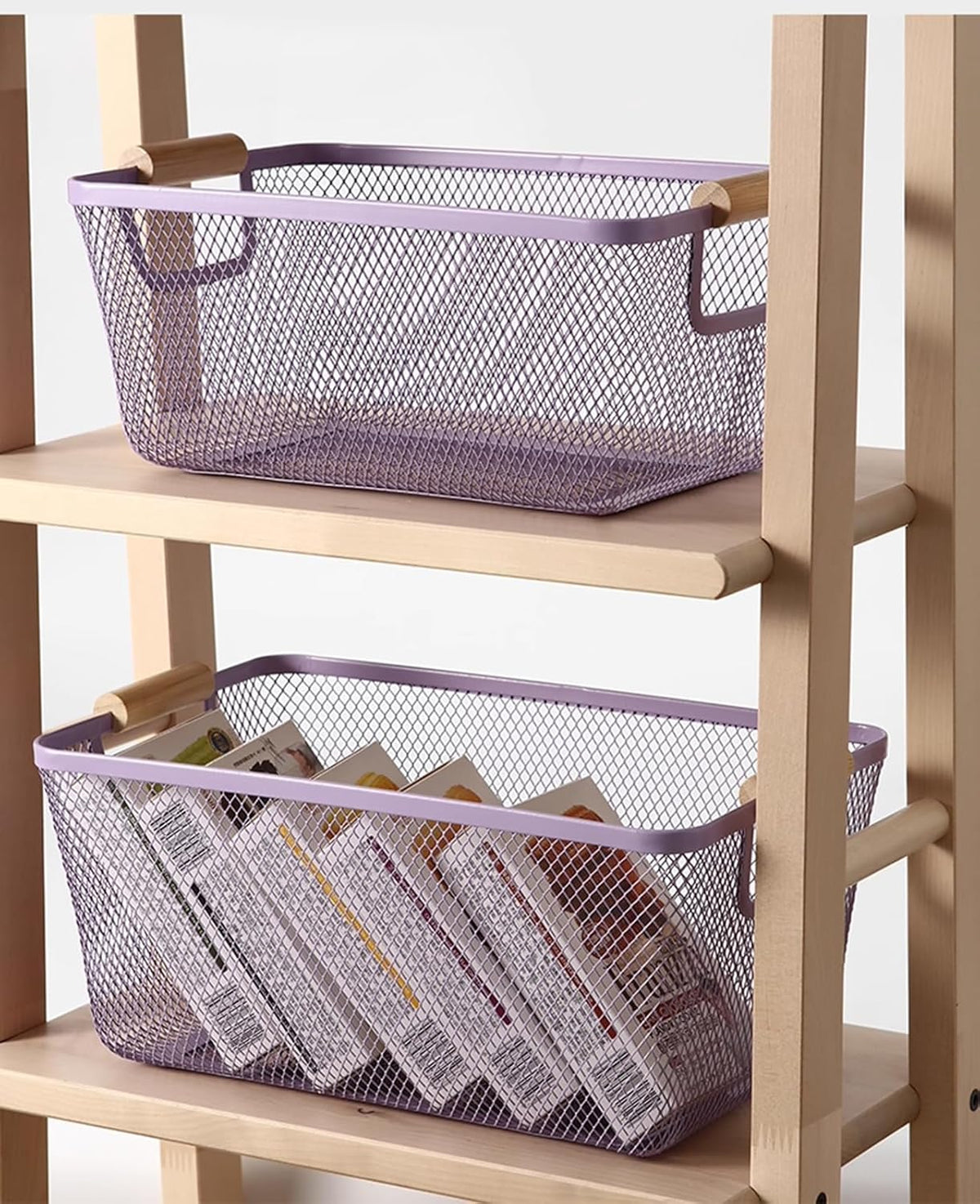 Metal Mesh Steel Basket, Medium Wire Storage Organizer Basket Multi-function Hanging Kitchen Basket with Wood Handle for Kitchen Bathroom Picnic Home, Rectangle-Purple