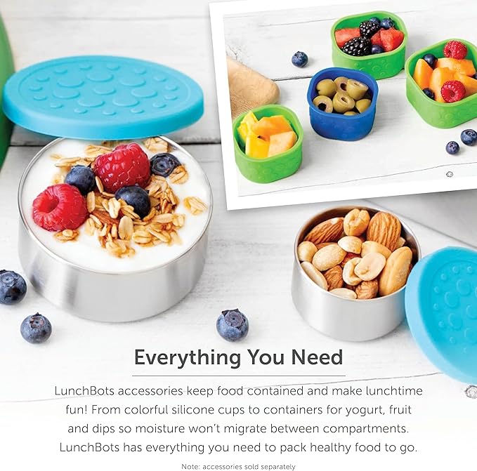 LunchBots 2.5 oz Stainless Steel Dressing Container for Condiments, Dips, Snacks, Dipping Sauce Cups with Silicone Lid, Fits in Lunch Bags and Bento Boxes - Set of 2 (Blue)