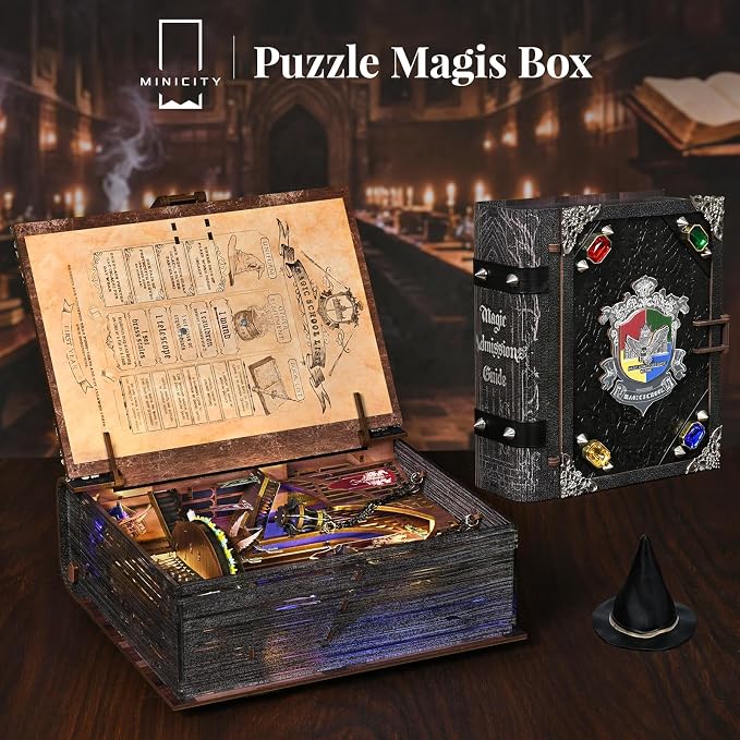MiniCity DIY Book Nook Kits for Adults, Miniature Dollhouse Booknook Kit, 3D Wooden Puzzle Creative Decorative Bookends Bookshelf Diorama Insert Crafts Hobbies Gifts (Magic Admissions Guide)