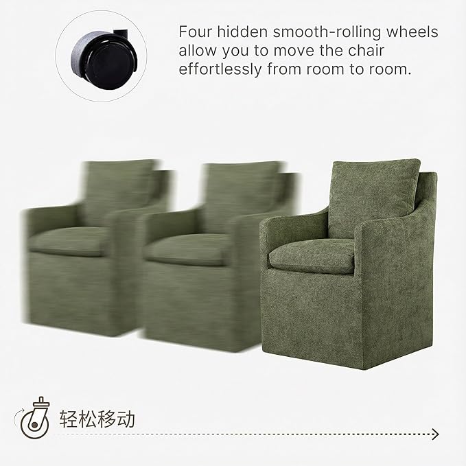 Upholstered Dining Chairs with Casters, No Assembly Modern Accent Armchair with Rollers for Dining Room, Bedroom, Living Room, Reading Room, Already Assembled, Green, 4 Box