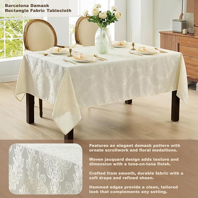 Newbridge Barcelona Luxury Damask Fabric Tablecloth, 70” Extra Wide x 108” Rectangle, Antique White, 100% Polyester, No Iron, Soil Resistant Dining Room, Party and Banquet Table Cover