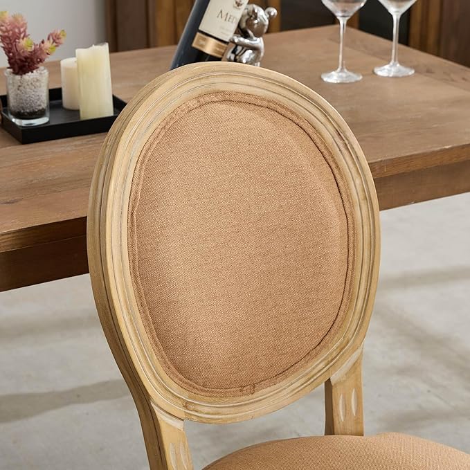 French Country Dining Chairs Set of 6,Farmhouse Upholstered Dining Room Chairs with Round Back and Solid Leg,Fabric Kitchen Side Chairs for Kitchen/Bedroom/Dining Room,Tan