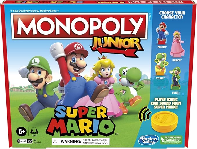 Monopoly Junior Super Mario Edition Board Game, Fun Kids' Ages 5 and Up, Explore The Mushroom Kingdom as Mario, Peach, Yoshi, or Luigi (Amazon Exclusive)