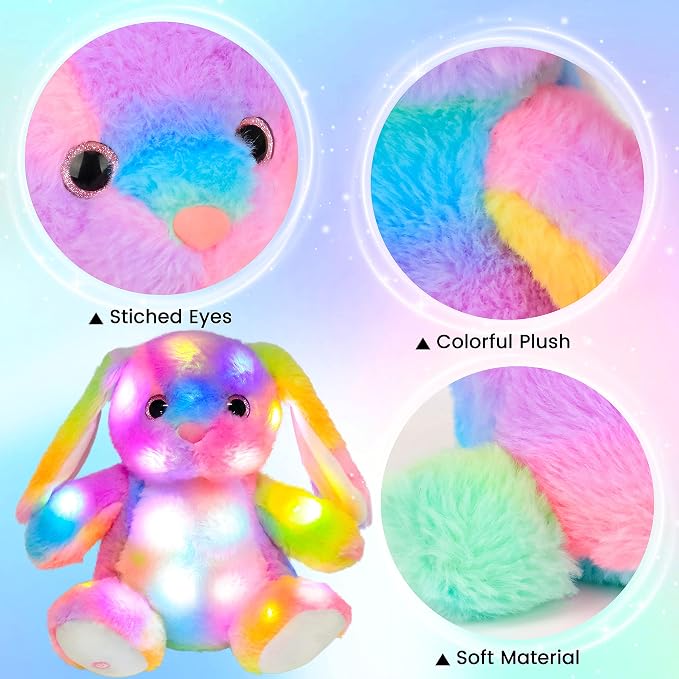 Hopearl LED Plush Bunny Colorful Lighting Up Stuffed Animal Rabbit Floppy Night Lights Glow in The Dark Birthday Festival for Kids Toddler Girls, Rainbow, 10''