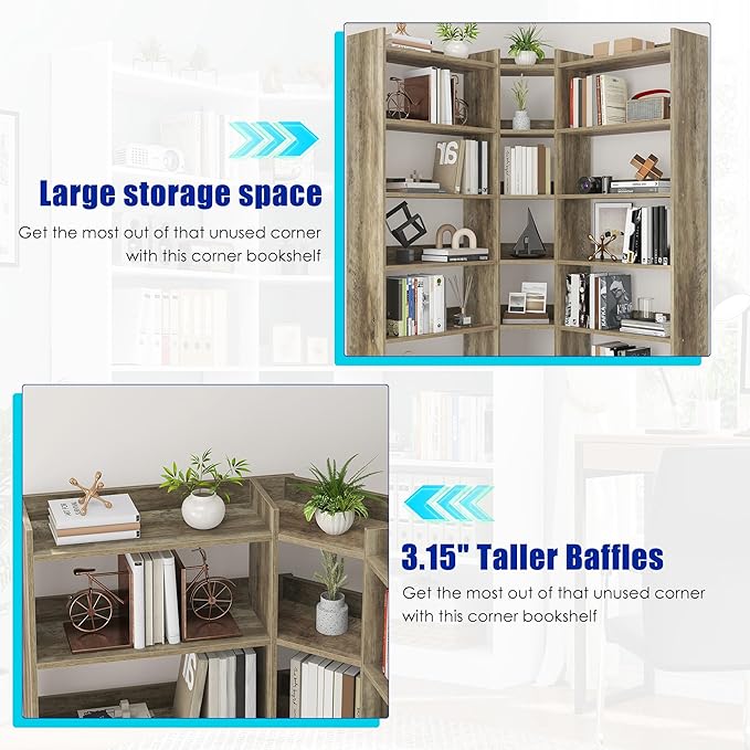 70.8" Tall Corner Bookshelf and Bookcases, 7 Tiers Morden Large Etagere Bookcases Storage Display Rack with Baffle, Industrial L-Shaped Bookshelves for Bedroom, Home Office, Living Room, Brown