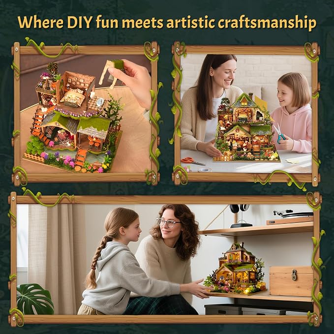 DIY Miniature House Kit with LED Lights, Forest Adventure Wooden Mini House Building Kit for Adults & Teens, Creative Crafts for Women, Friends & Hobbyists