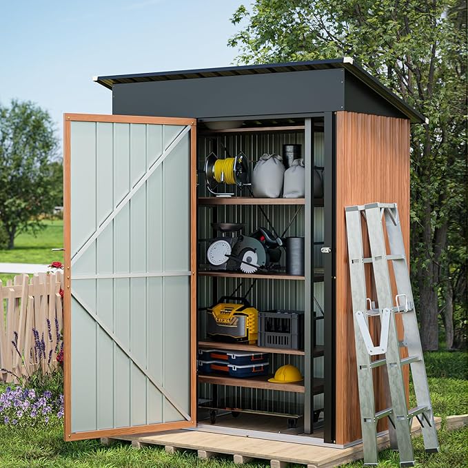 5x3 Ft Storage Shed, Outdoor Metal Shed with Floor Base& Lock, Small Lean to Shed, Compact Vertical Outside Bike Tiny House for Garden, Backyard, Patio, Tool