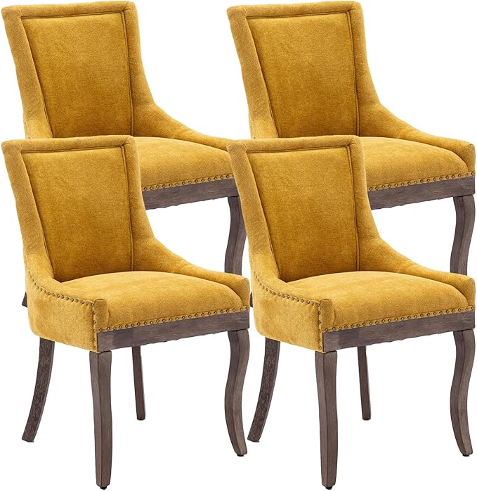 Modern Dining Chairs Set of 4, High Back Dining Chairs Side Chairs with Solid Wood Legs, Upholstered Fabric Dining Room Chairs for Dining Room Kitchen, Yellow