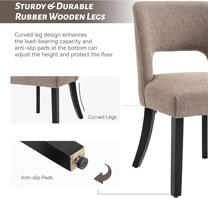 VKNOW Wooden Dining Chairs Set of 6, Modern Fabric Upholstered Dining Room Chair Kitchen Chairs, Farmhouse Dinner Chair for Kitchen Dining Room, Brown-Black Legs